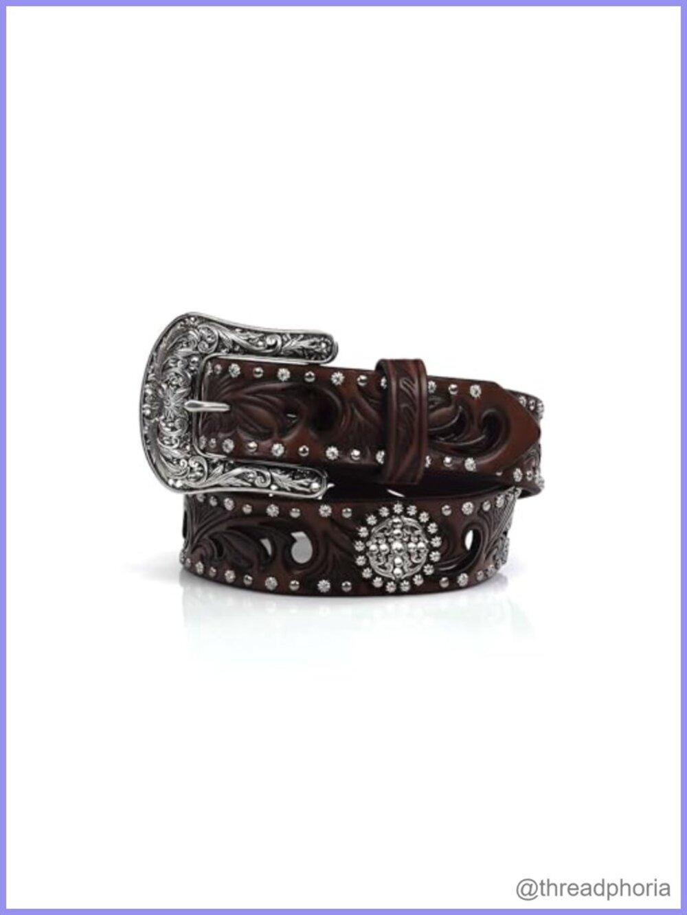 Genuine Leather Belt Scroll Cutout Concho Nailhead Interchangeable Buckle